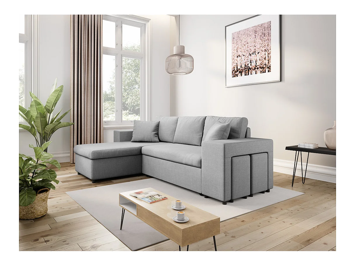 Canapé d'angle convertible 7 places avec pouf en tissu gris clair