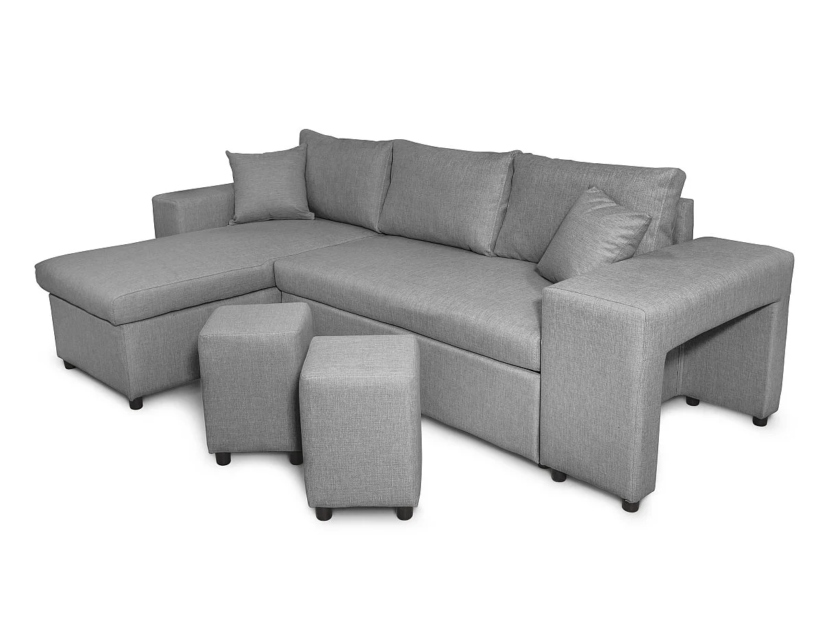 Canapé d'angle convertible 7 places avec pouf en tissu gris clair