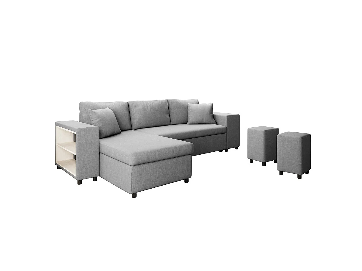 Canapé d'angle convertible 7 places avec pouf en tissu gris clair