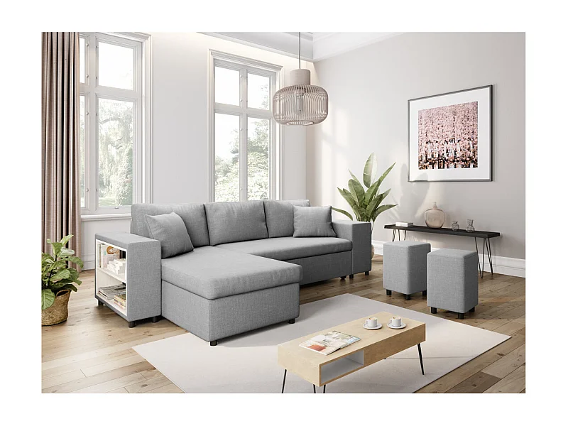 Canapé d'angle réversible Mady avec coffre accoudoir étagère et poufs droit en tissu- Gris clair - L254 x P146 x H81cm - Loungitude
