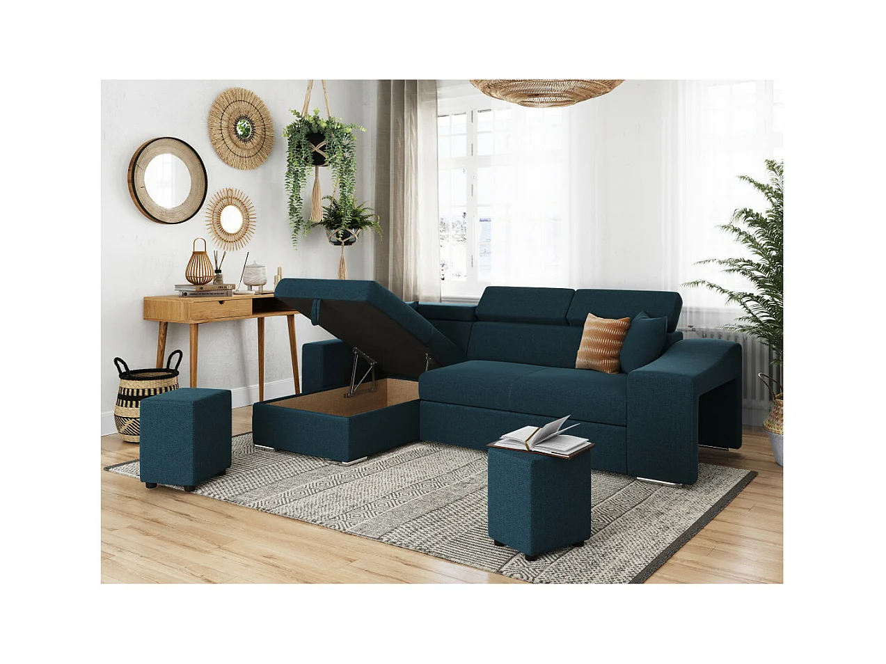 Canapé d'angle Elona Convertible en tissu bleu pétrole avec poufs de rangement à droite - L264 x P162 x H75cm - Loungitude