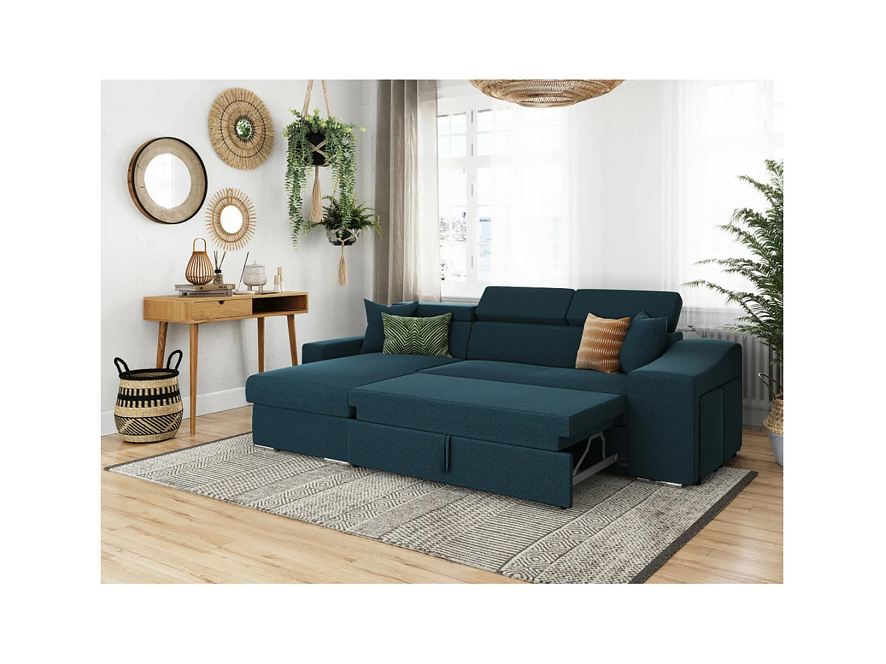 Canapé d'angle Elona Convertible en tissu bleu pétrole avec poufs de rangement à droite - L264 x P162 x H75cm - Loungitude