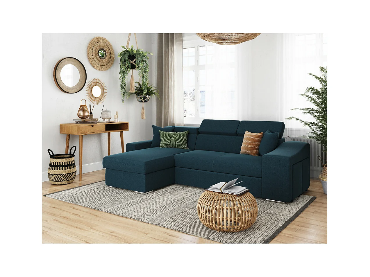 Canapé d'angle Elona Convertible en tissu bleu pétrole avec poufs de rangement à droite - L264 x P162 x H75cm - Loungitude