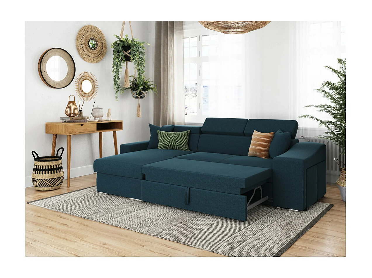Canapé d'angle Elona convertible en tissu bleu pétrole avec poufs de rangement à droite - L264 x P162 x H75cm - Loungitude