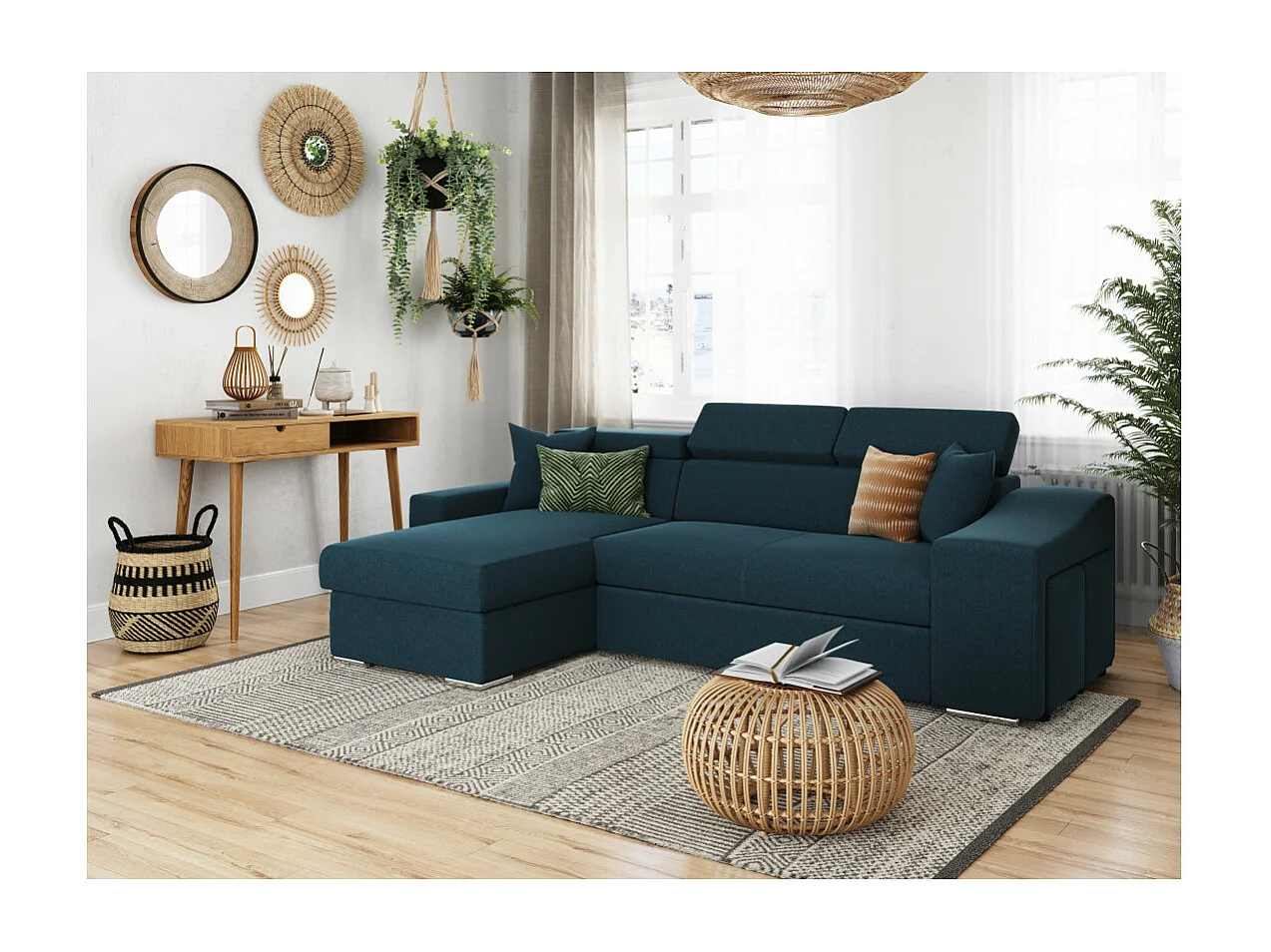 Canapé d'angle Elona convertible en tissu bleu pétrole avec poufs de rangement à droite - L264 x P162 x H75cm - Loungitude