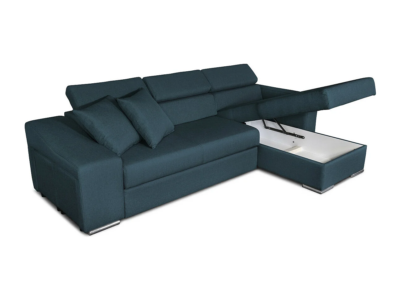 Canapé d'angle Elona convertible en tissu bleu pétrole avec poufs de rangement à droite - L264 x P162 x H75cm - Loungitude