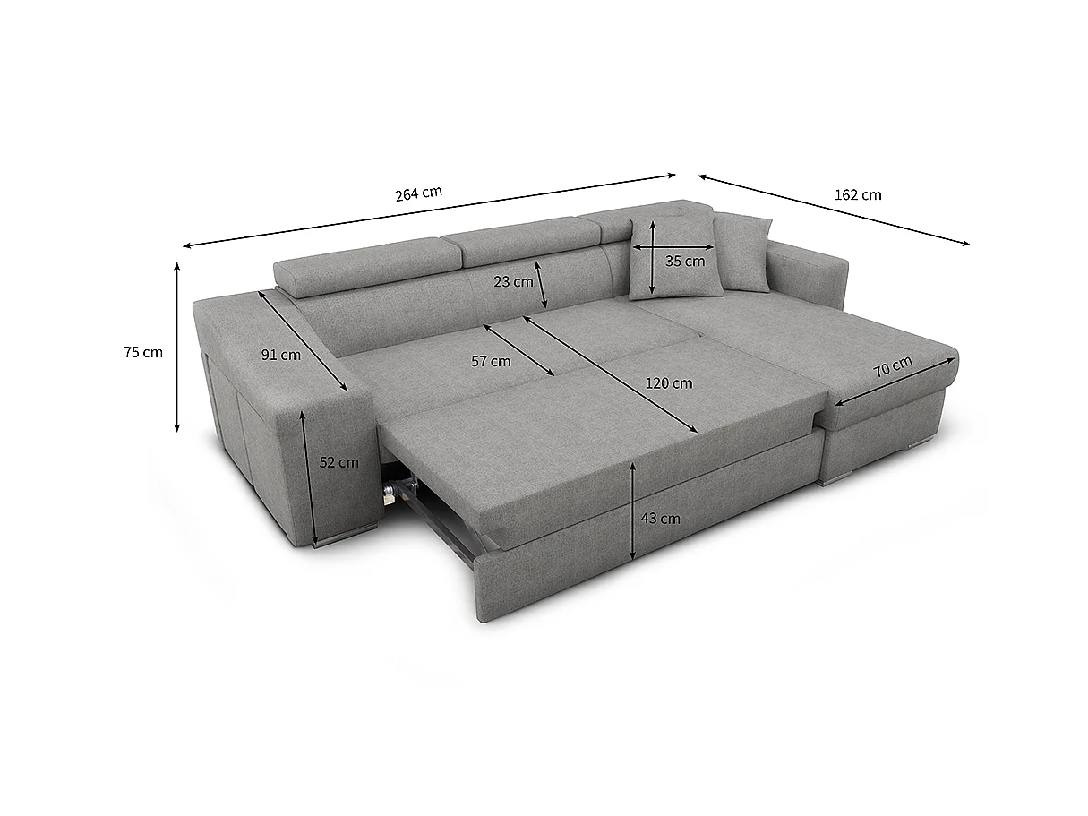 Canapé d'angle Elona convertible en tissu bleu pétrole avec poufs de rangement à droite - L264 x P162 x H75cm - Loungitude