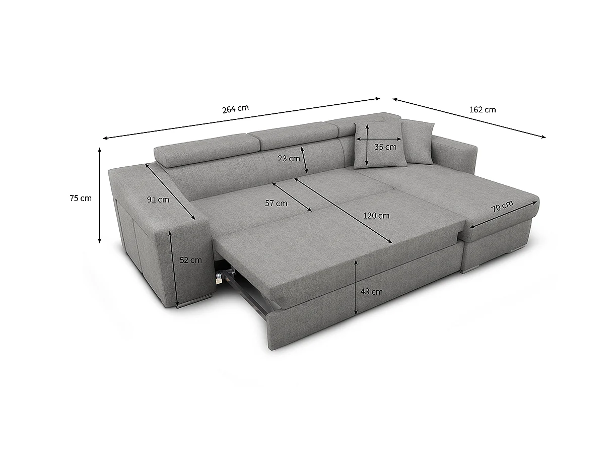 Canapé d'angle Elona convertible en tissu bleu pétrole avec poufs de rangement à droite - L264 x P162 x H75cm - Loungitude