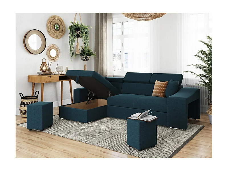 Canapé d'angle Elona convertible en tissu bleu pétrole avec poufs de rangement à droite - L264 x P162 x H75cm - Loungitude