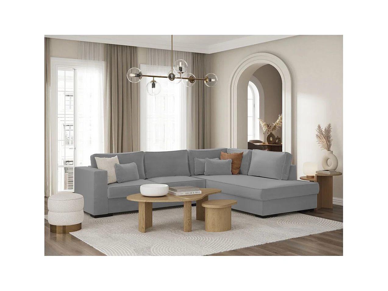 Canapé d'angle droit XXL Belami 6 places en tissu - Gris clair - L303 x 228 x 86cm - Loungitude