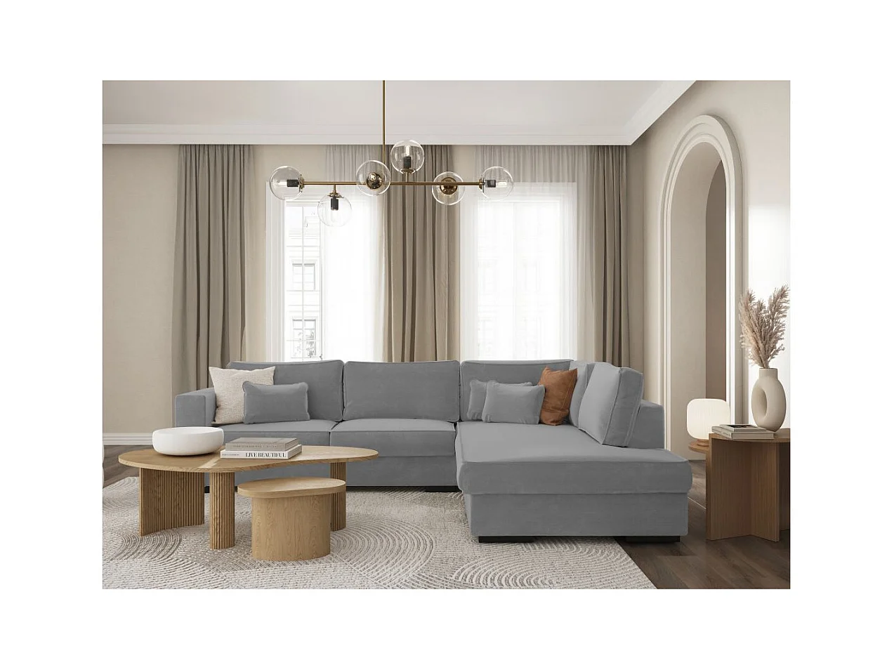 Canapé d'angle droit XXL Belami 6 places en tissu - Gris clair - L303 x 228 x 86cm - Loungitude