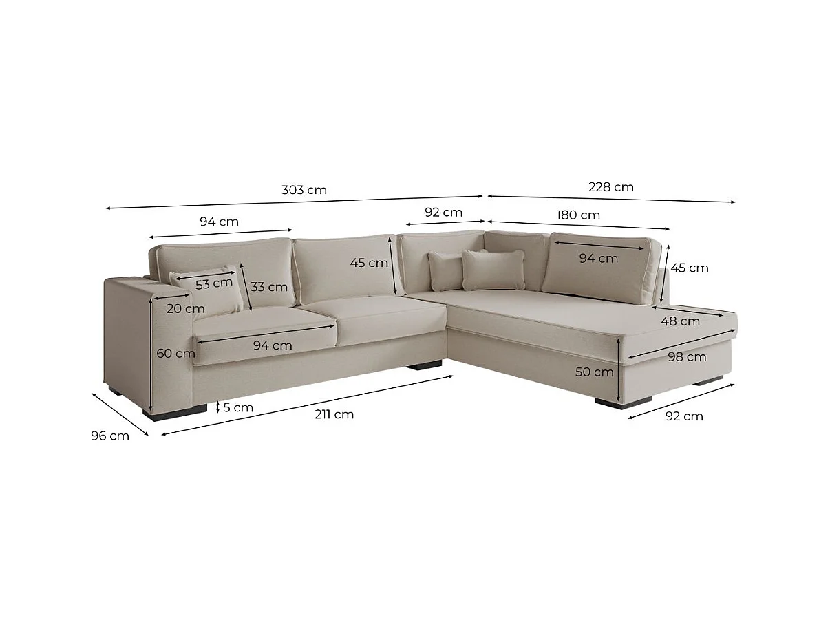 Canapé d'angle droit XXL Belami 6 places en tissu - Gris clair - L303 x 228 x 86cm - Loungitude
