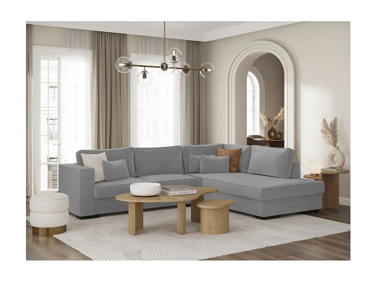 Canapé d'angle droit XXL Belami 6 places en tissu - Gris clair - L303 x 228 x 86cm - Loungitude