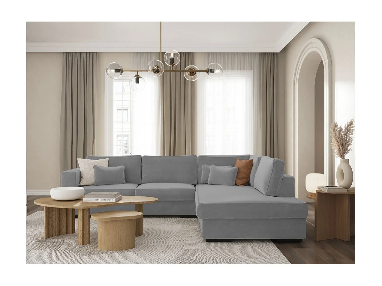 Canapé d'angle droit XXL Belami 6 places en tissu - Gris clair - L303 x 228 x 86cm - Loungitude