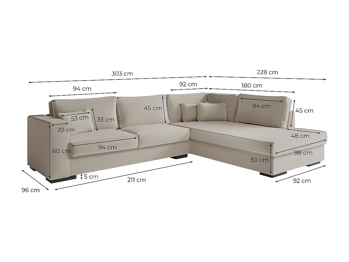 Canapé d'angle droit XXL Belami 6 places en tissu - Gris clair - L303 x 228 x 86cm - Loungitude