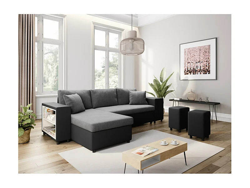 Canapé d'angle réversible Mady bimatière gris/noir avec coffre accoudoir étagère et poufs droit - L254 x P146 x H81cm - Loungitude