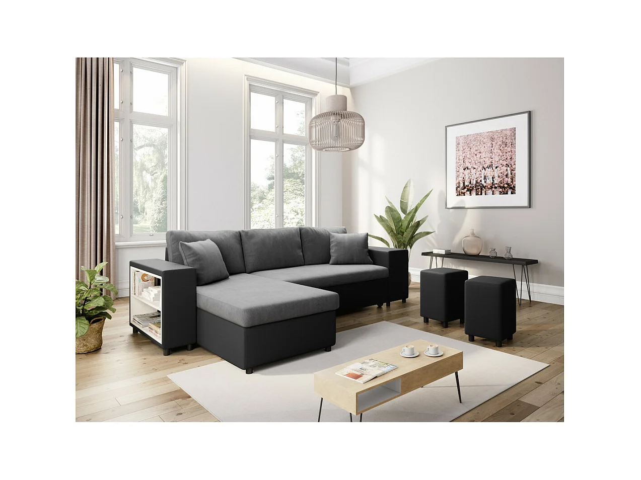 Canapé d'angle réversible Mady bimatière gris/noir avec coffre accoudoir étagère et poufs droit - L254 x P146 x H81cm - Loungitude