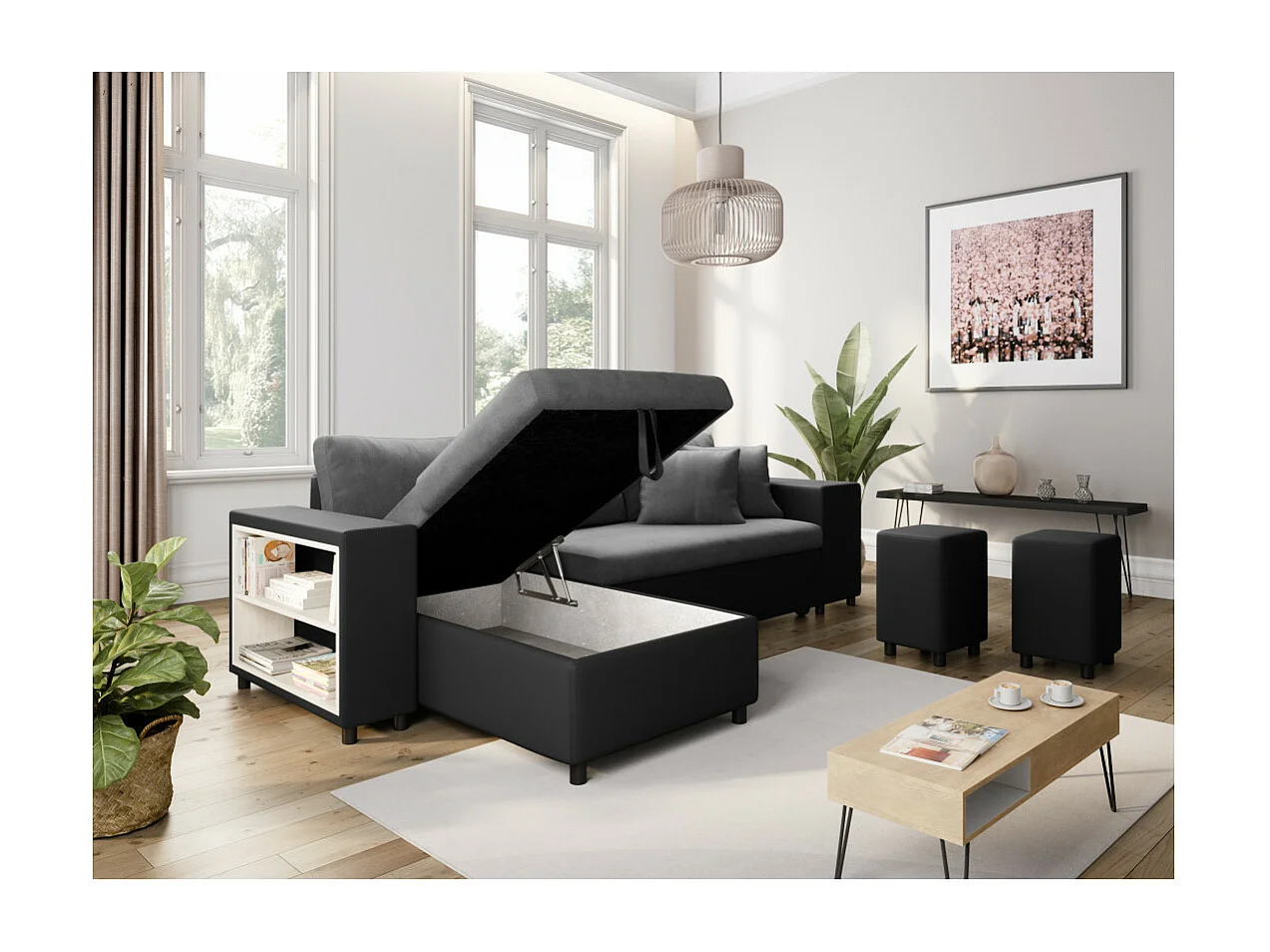 Canapé d'angle réversible Mady bimatière gris/noir avec coffre accoudoir étagère et poufs droit - L254 x P146 x H81cm - Loungitude