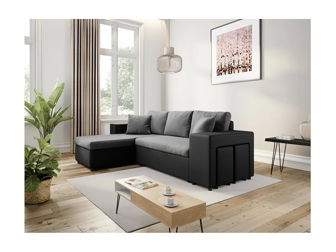 Canapé d'angle réversible Mady bimatière gris/noir avec coffre accoudoir étagère et poufs droit - L254 x P146 x H81cm - Loungitude