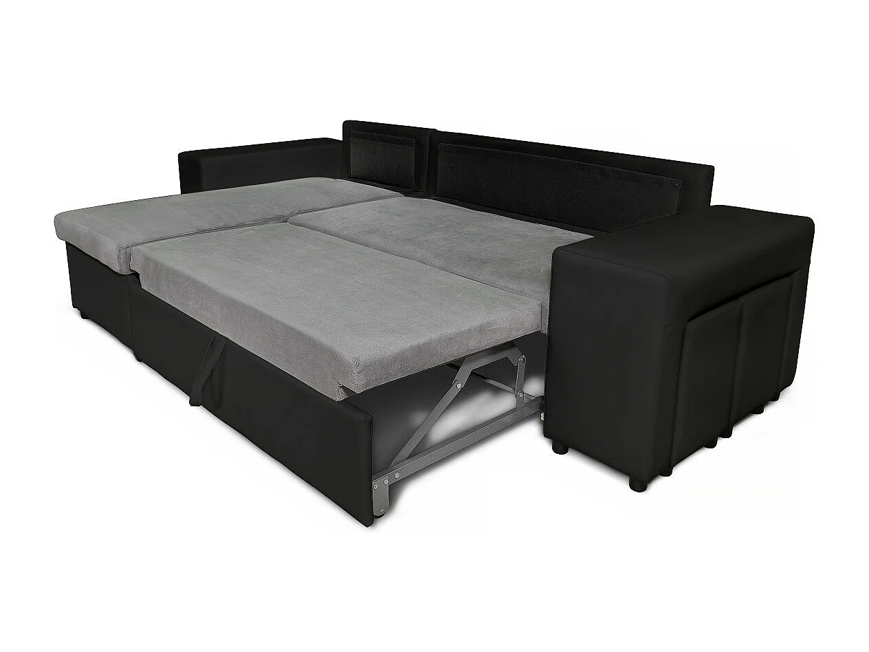 Canapé d'angle réversible Mady bimatière gris/noir avec coffre accoudoir étagère et poufs droit - L254 x P146 x H81cm - Loungitude
