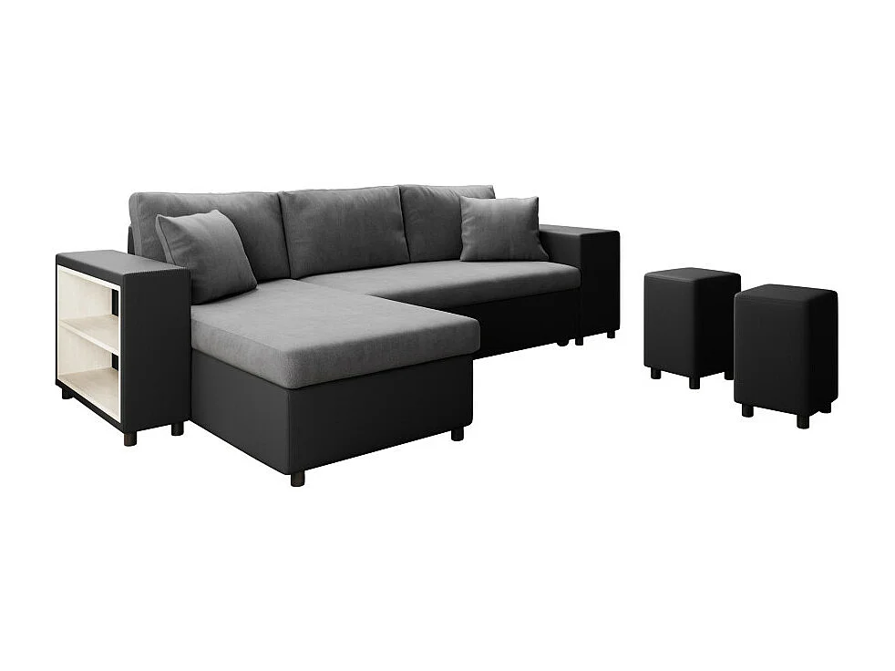 Canapé d'angle réversible Mady bimatière gris/noir avec coffre accoudoir étagère et poufs droit - L254 x P146 x H81cm - Loungitude