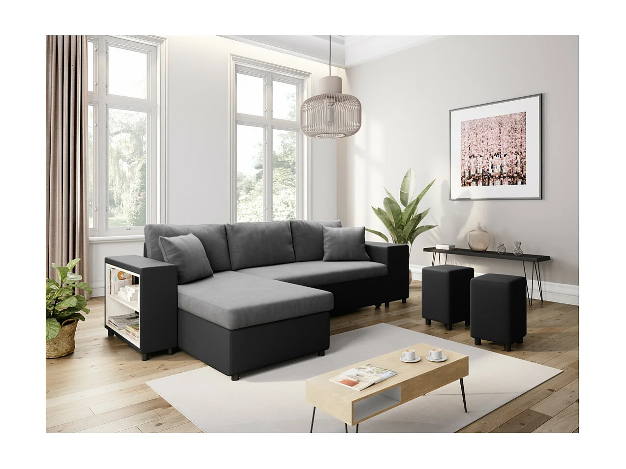 Canapé d'angle réversible Mady bimatière gris/noir avec coffre accoudoir étagère et poufs droit - L254 x P146 x H81cm - Loungitude