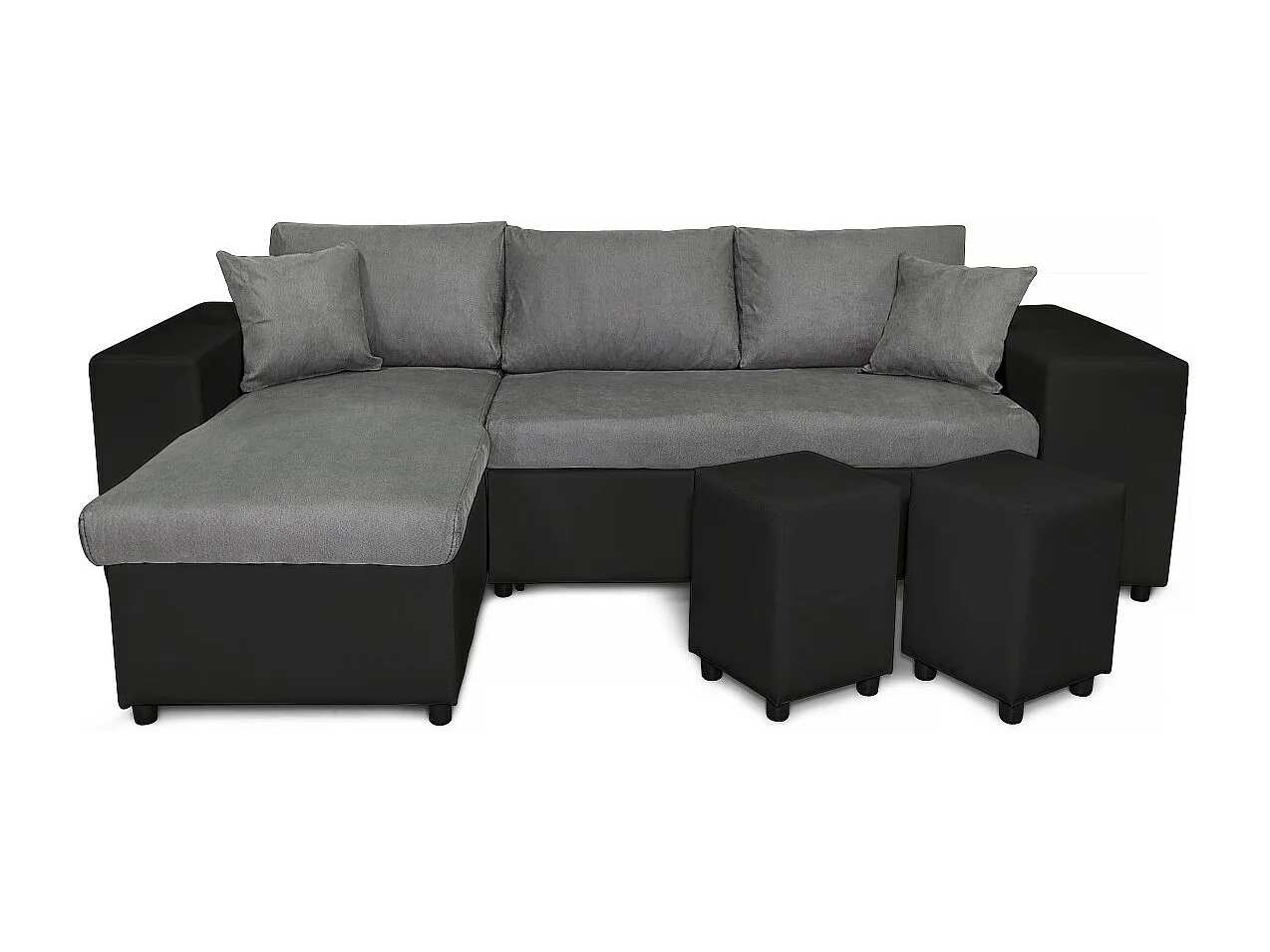 Canapé d'angle réversible Mady bimatière gris/noir avec coffre accoudoir étagère et poufs droit - L254 x P146 x H81cm - Loungitude