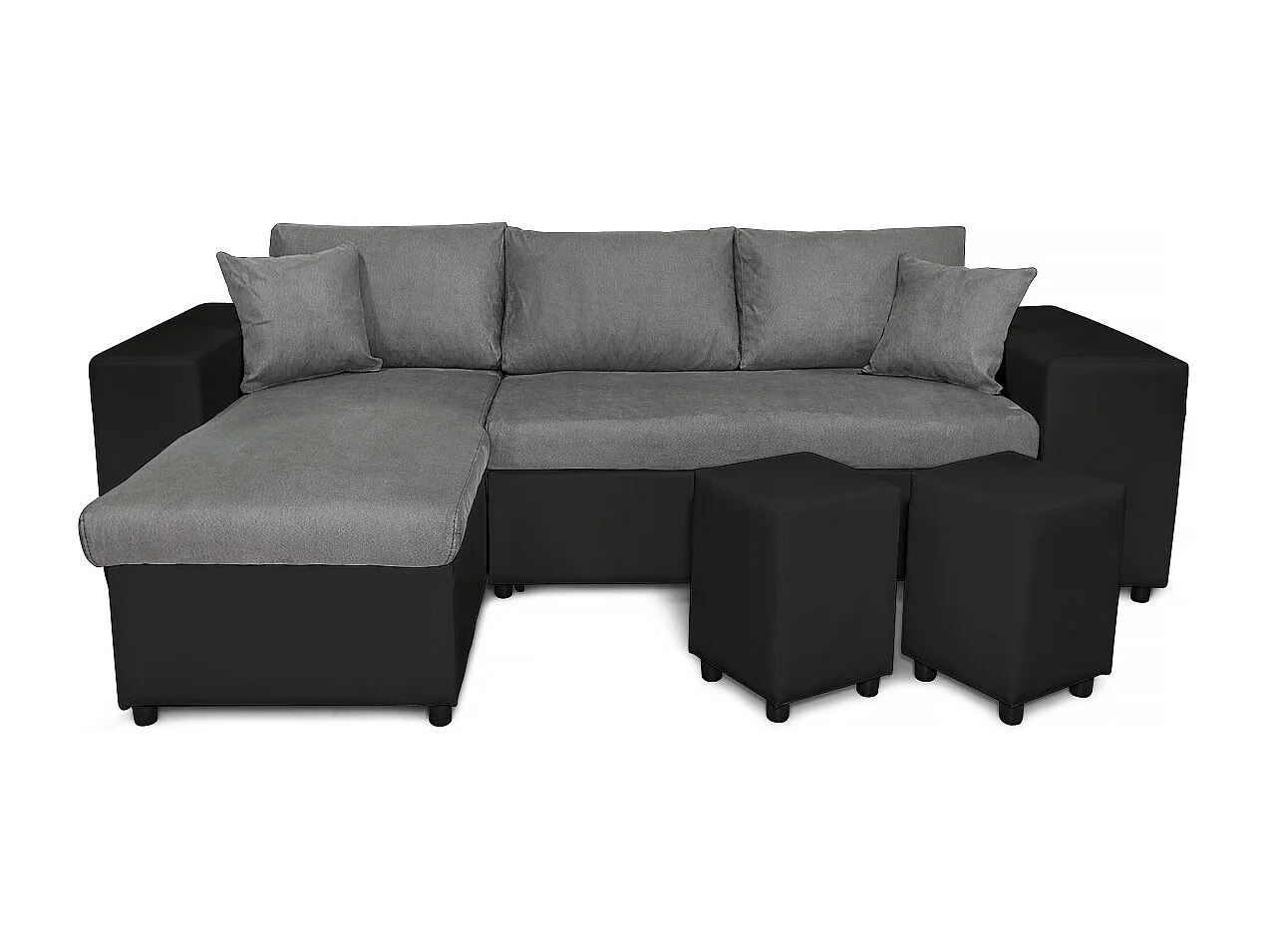 Canapé d'angle réversible Mady bimatière gris/noir avec coffre accoudoir étagère et poufs droit - L254 x P146 x H81cm - Loungitude