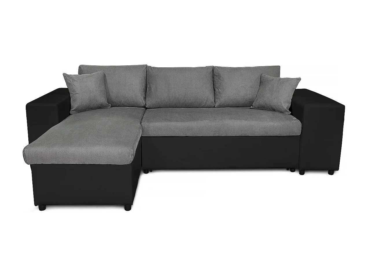 Canapé d'angle réversible Mady bimatière gris/noir avec coffre accoudoir étagère et poufs droit - L254 x P146 x H81cm - Loungitude