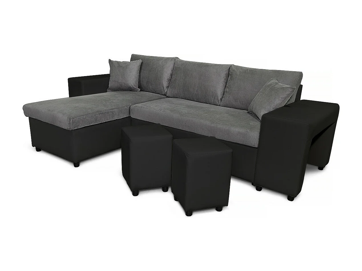 Canapé d'angle réversible Mady bimatière gris/noir avec coffre accoudoir étagère et poufs droit - L254 x P146 x H81cm - Loungitude