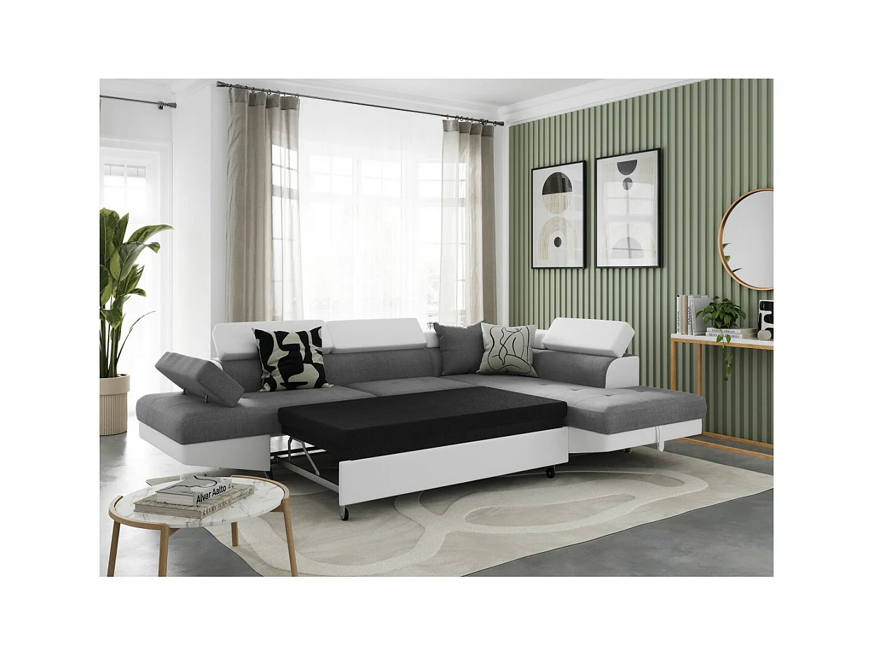 Canapé d'angle droit 5 places Rio Convertible avec coffre en tissu et simili - Blanc/Gris - L271 x P192 x H70cm - Loungitude