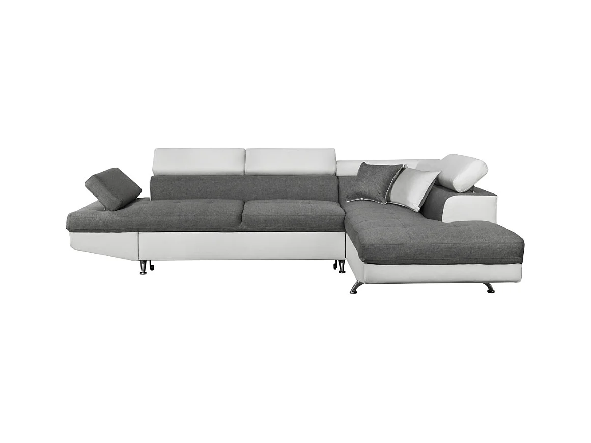Canapé d'angle droit 5 places Rio Convertible avec coffre en tissu et simili - Blanc/Gris - L271 x P192 x H70cm - Loungitude