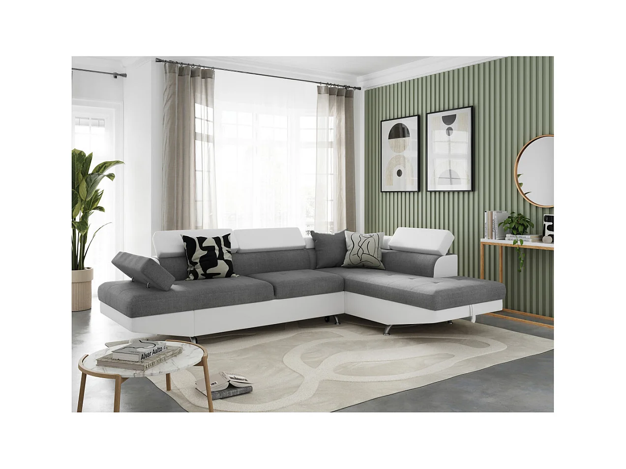 Canapé d'angle droit 5 places Rio Convertible avec coffre en tissu et simili - Blanc/Gris - L271 x P192 x H70cm - Loungitude