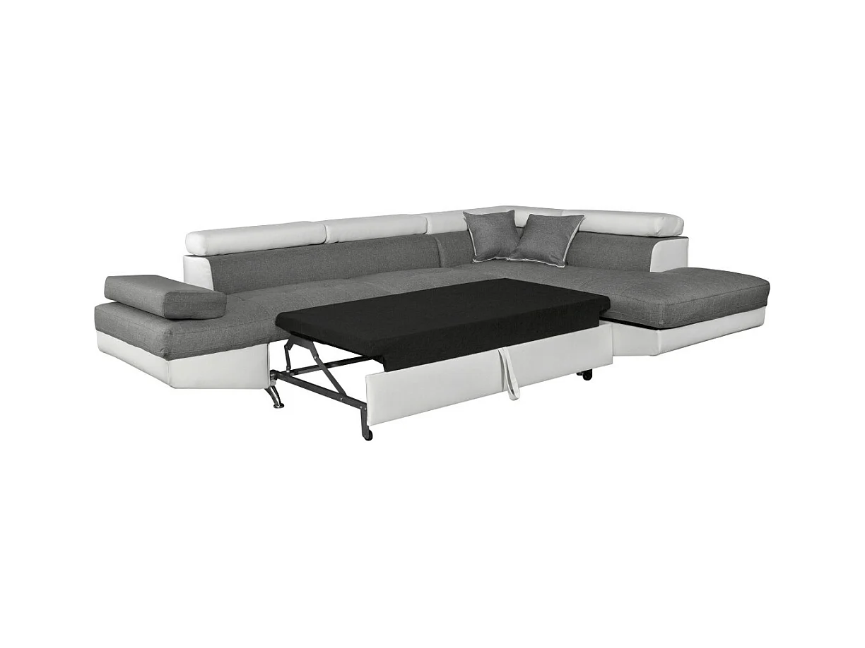 Canapé d'angle droit 5 places Rio Convertible avec coffre en tissu et simili - Blanc/Gris - L271 x P192 x H70cm - Loungitude