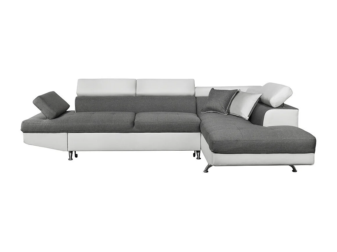 Canapé d'angle droit 5 places Rio convertible avec coffre en tissu et simili - Blanc/Gris - L271 x P192 x H70cm - Loungitude