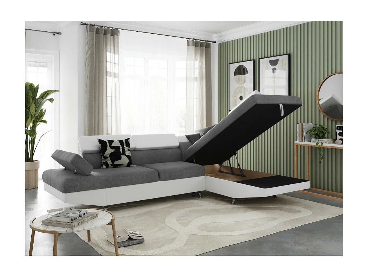 Canapé d'angle droit 5 places Rio convertible avec coffre en tissu et simili - Blanc/Gris - L271 x P192 x H70cm - Loungitude