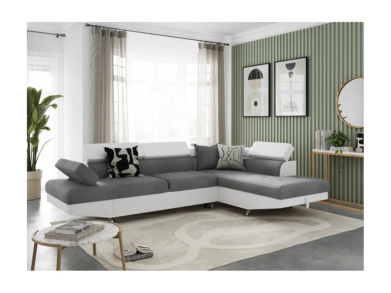 Canapé d'angle droit 5 places Rio convertible avec coffre en tissu et simili - Blanc/Gris - L271 x P192 x H70cm - Loungitude