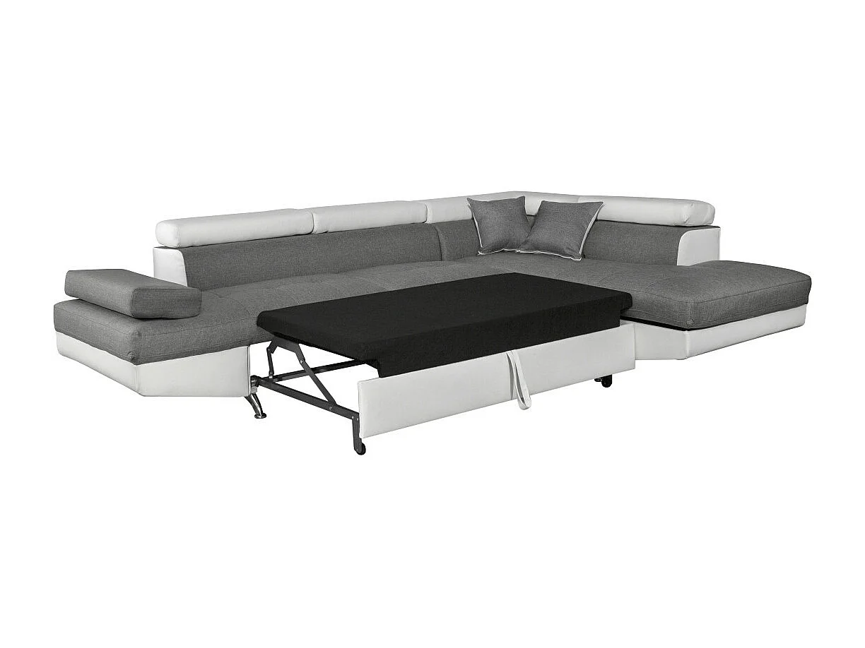 Canapé d'angle droit 5 places Rio convertible avec coffre en tissu et simili - Blanc/Gris - L271 x P192 x H70cm - Loungitude