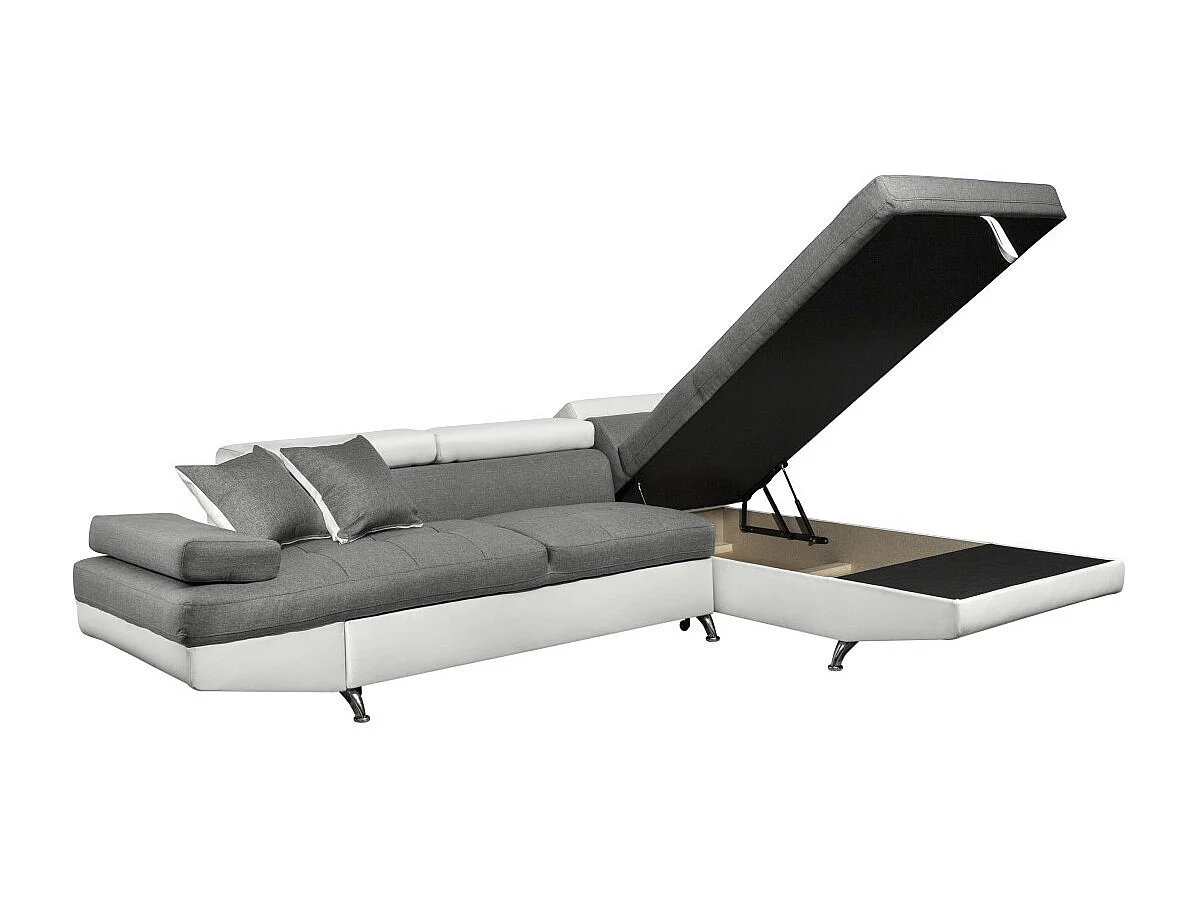 Canapé d'angle droit 5 places Rio convertible avec coffre en tissu et simili - Blanc/Gris - L271 x P192 x H70cm - Loungitude