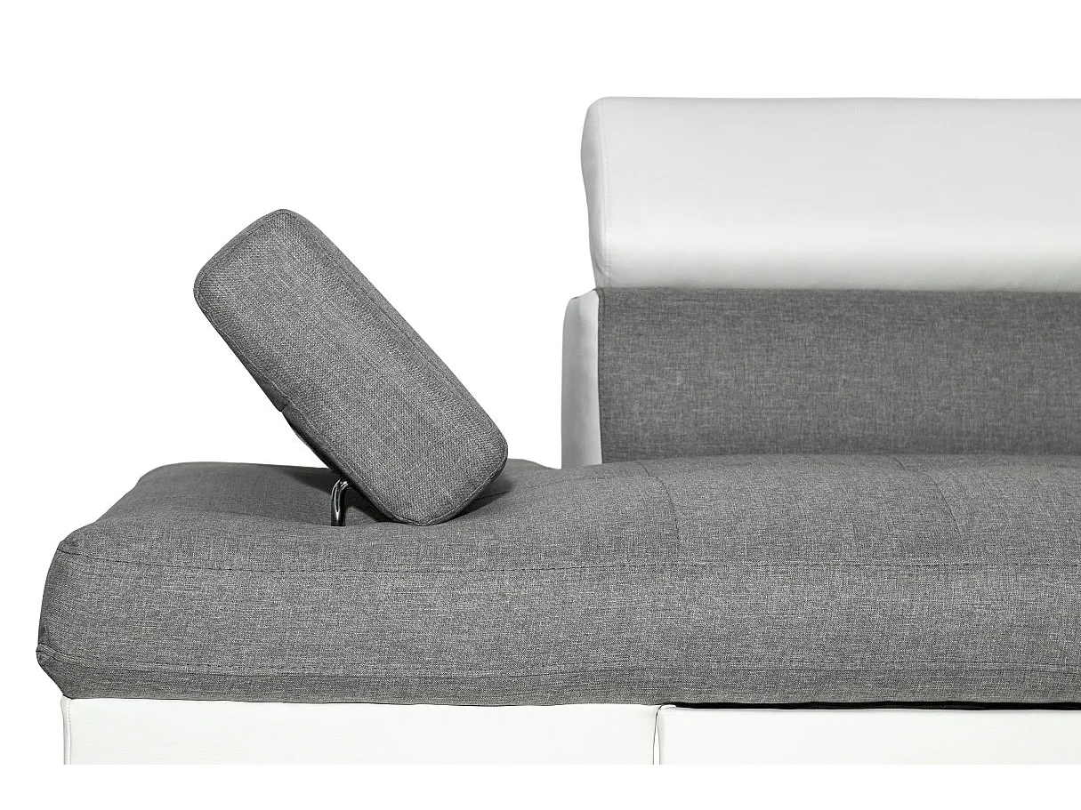 Canapé d'angle droit 5 places Rio convertible avec coffre en tissu et simili - Blanc/Gris - L271 x P192 x H70cm - Loungitude