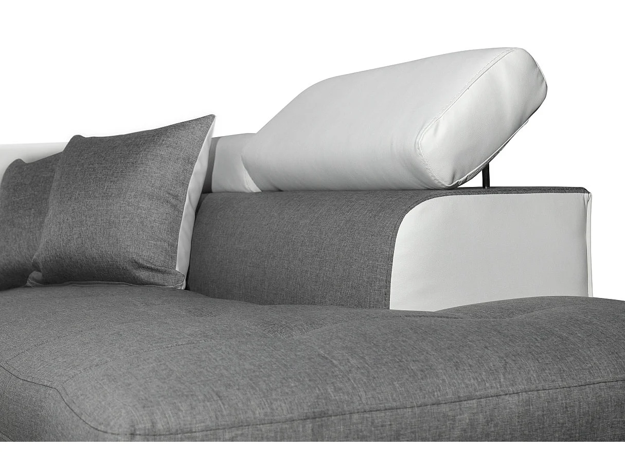 Canapé d'angle droit 5 places Rio convertible avec coffre en tissu et simili - Blanc/Gris - L271 x P192 x H70cm - Loungitude