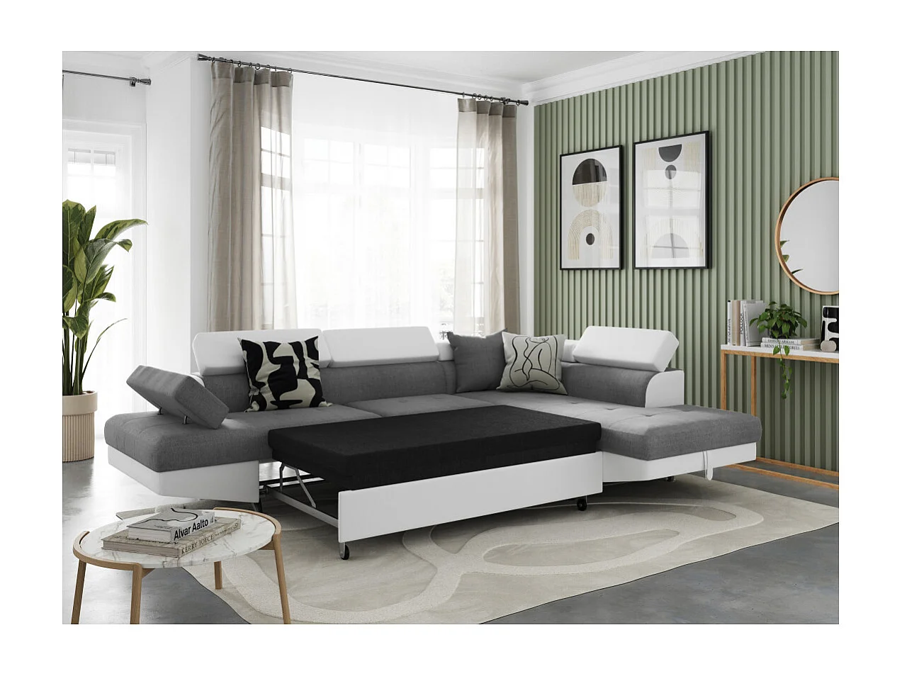Canapé d'angle droit 5 places Rio convertible avec coffre en tissu et simili - Blanc/Gris - L271 x P192 x H70cm - Loungitude