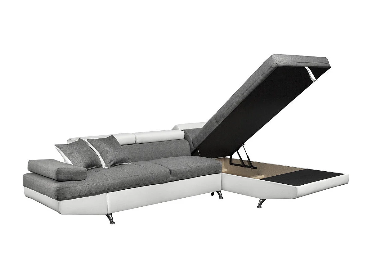 Canapé d'angle droit 5 places Rio convertible avec coffre en tissu et simili - Blanc/Gris - L271 x P192 x H70cm - Loungitude