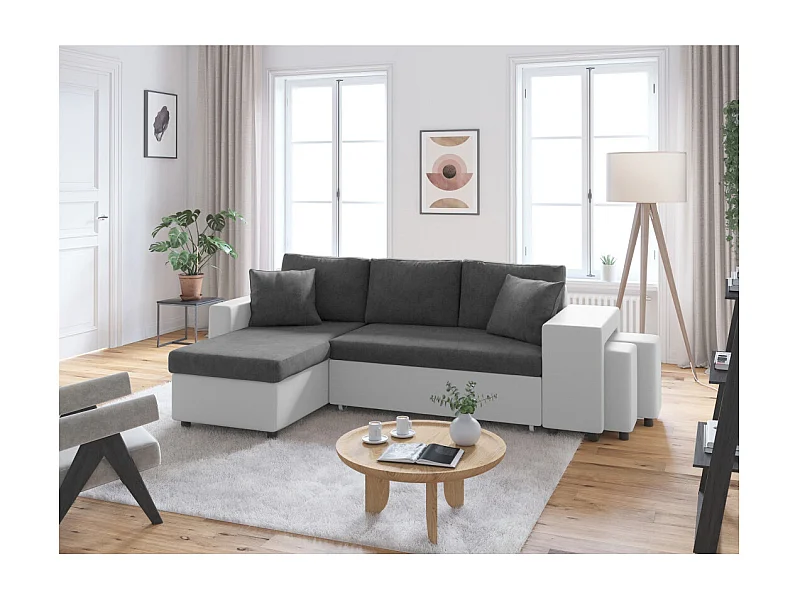 Canapé d'angle 3 places réversible Oslo avec coffre et poufs droit en bi-matière - Blanc/Gris - L241 x P146 x H81cm - Loungitude