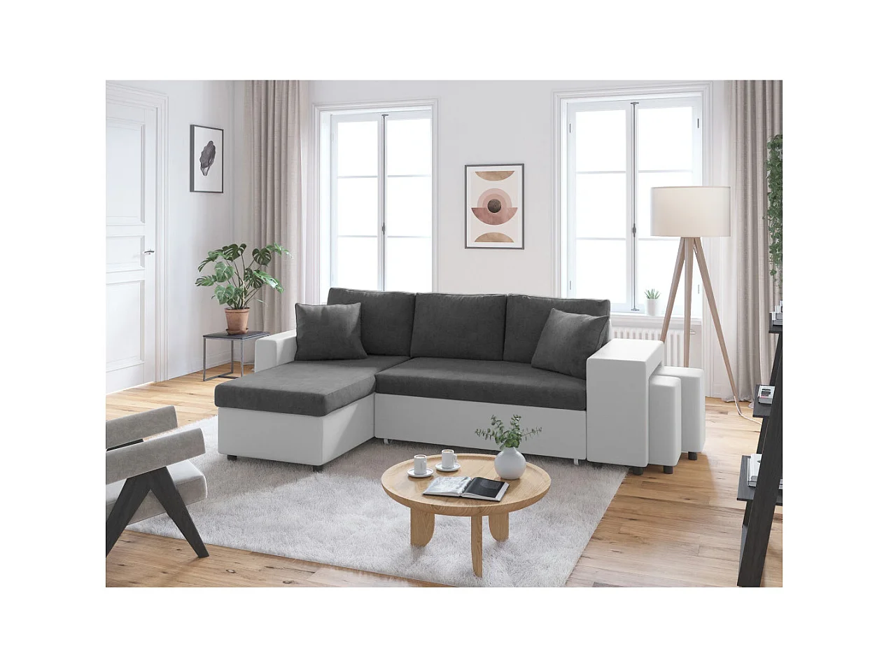 Canapé d'angle 3 places réversible Oslo avec coffre et poufs droit en bi-matière - Blanc/Gris - L241 x P146 x H81cm - Loungitude