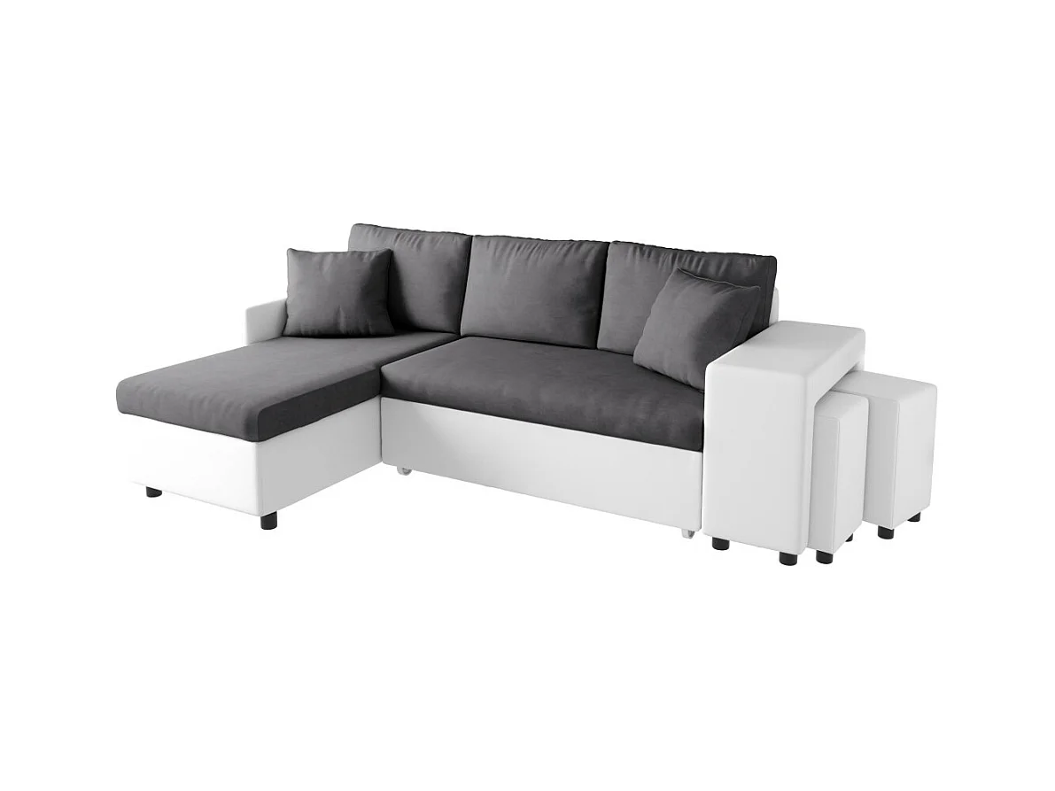 Canapé d'angle 3 places réversible Oslo avec coffre et poufs droit en bi-matière - Blanc/Gris - L241 x P146 x H81cm - Loungitude