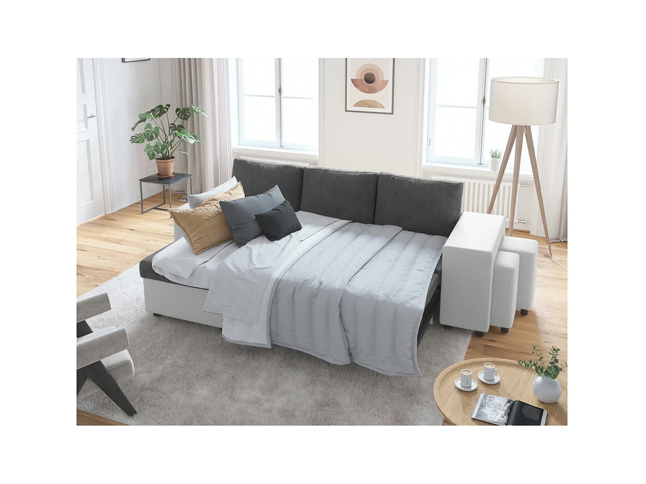 Canapé d'angle 3 places réversible Oslo avec coffre et poufs droit en bi-matière - Blanc/Gris - L241 x P146 x H81cm - Loungitude