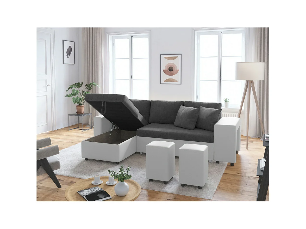 Canapé d'angle 3 places réversible Oslo avec coffre et poufs droit en bi-matière - Blanc/Gris - L241 x P146 x H81cm - Loungitude