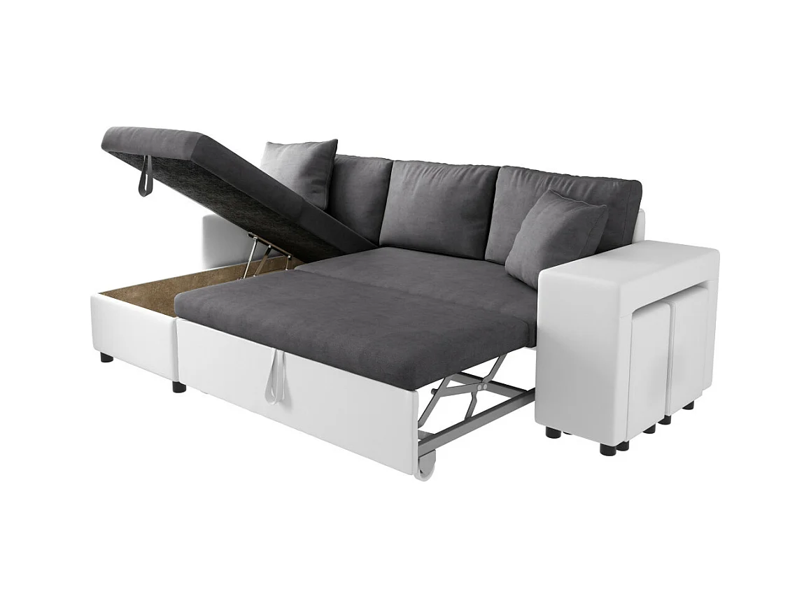 Canapé d'angle 3 places réversible Oslo avec coffre et poufs droit en bi-matière - Blanc/Gris - L241 x P146 x H81cm - Loungitude