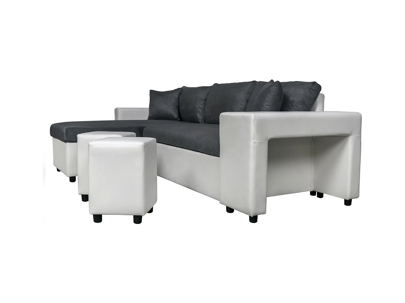 Canapé d'angle 3 places réversible Oslo avec coffre et poufs droit en bi-matière - Blanc/Gris - L241 x P146 x H81cm - Loungitude